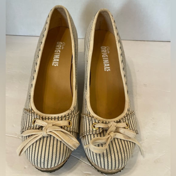 Clarks Originals Blue Beige Pin Stripe Slide-on Wedge Heels Shoes Size 9 M - Picture 1 of 10